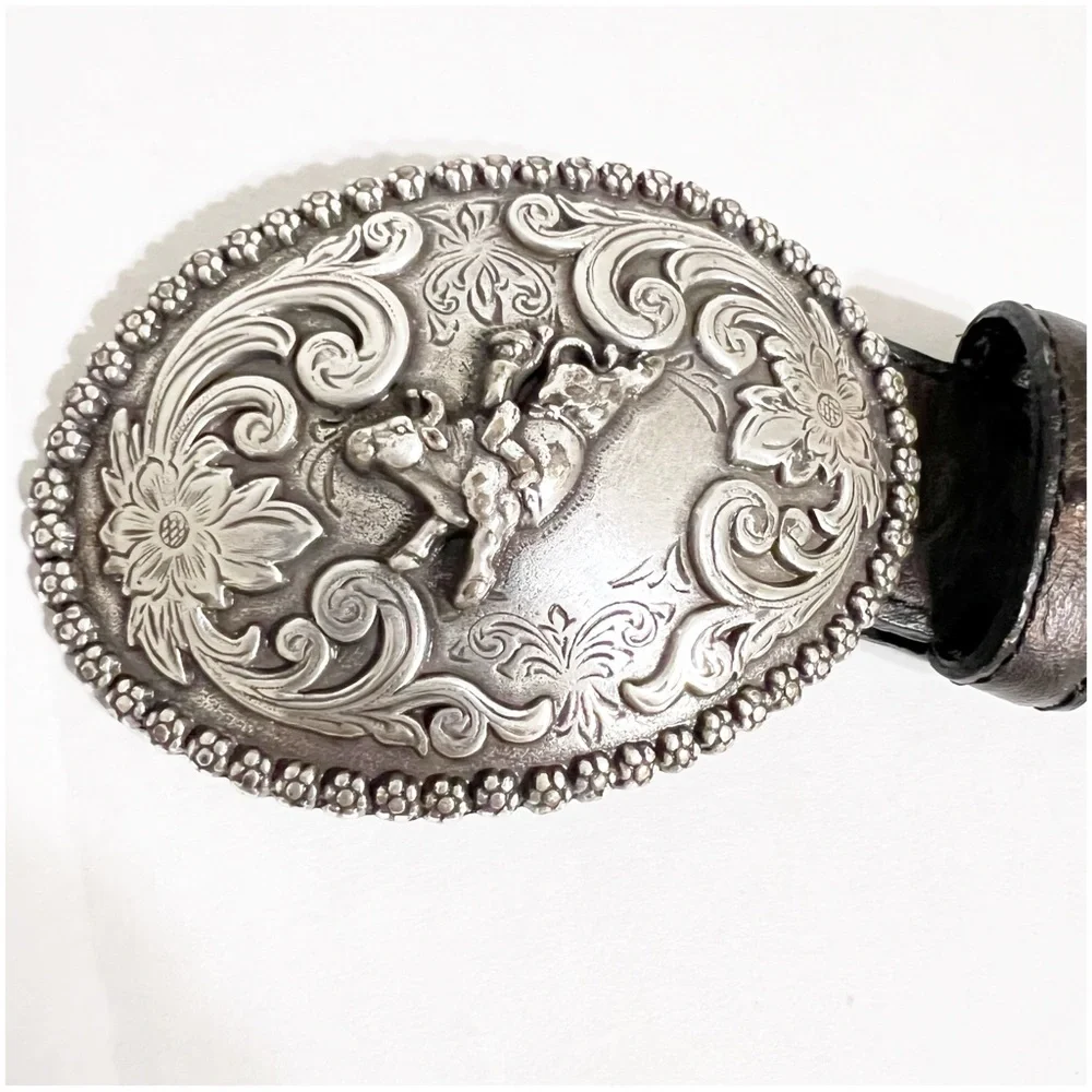Nocona Boys Aces Buckle Western Dark Brown Belt Ornate Silver Buckle Ostrich